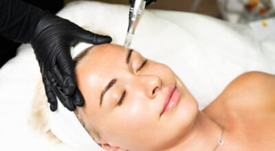Dermatologist performing microneedling treatment on a woman’s face