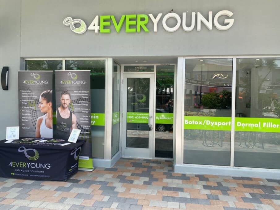  4Ever Young Anti-Aging Solutions storefront with branded window decals for Botox, Dysport, dermal fillers, and Hydrafacial services.