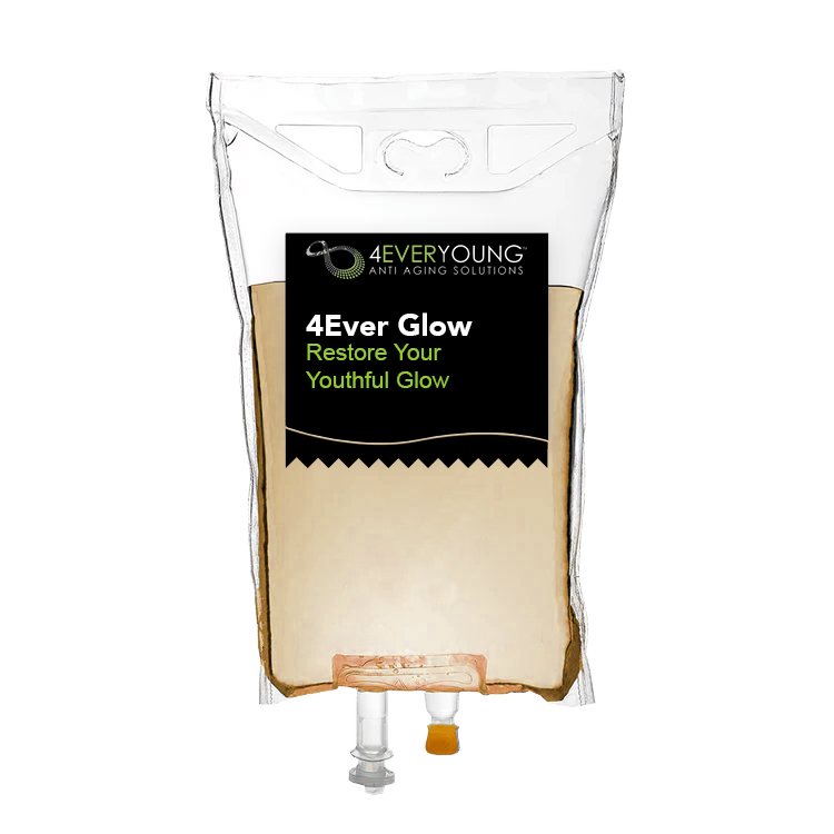 4Ever Young Anti Aging Solutions branded IV drip bag for the 4Ever Glow youthful skin restoration infusion therapy on a black background.