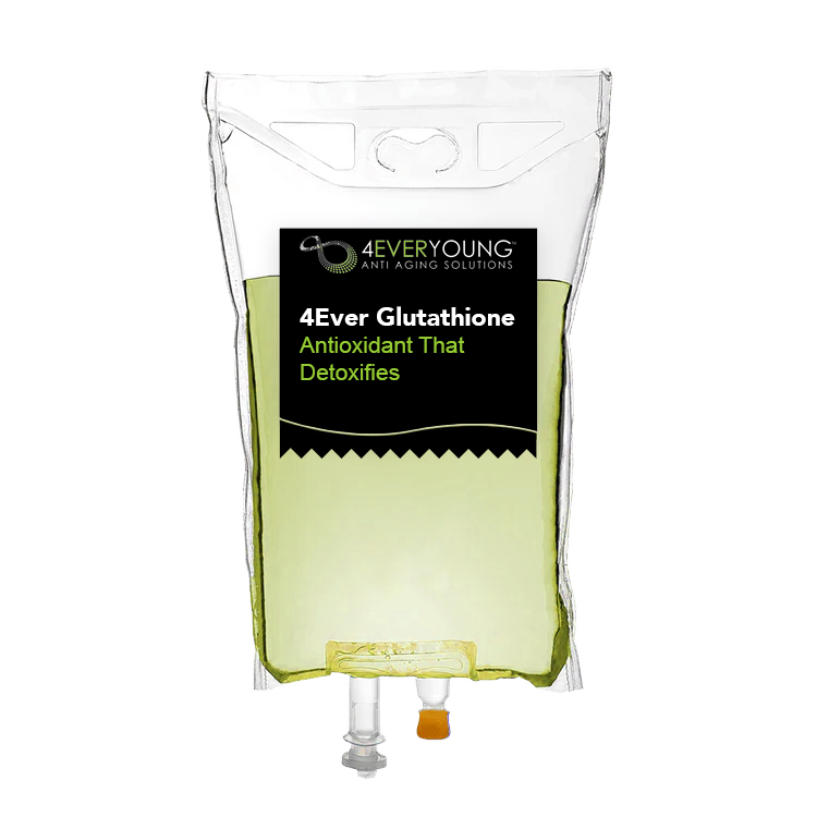 4Ever Young Anti Aging Solutions branded IV drip bag for the 4Ever Glutathione antioxidant detox infusion therapy on a black background.