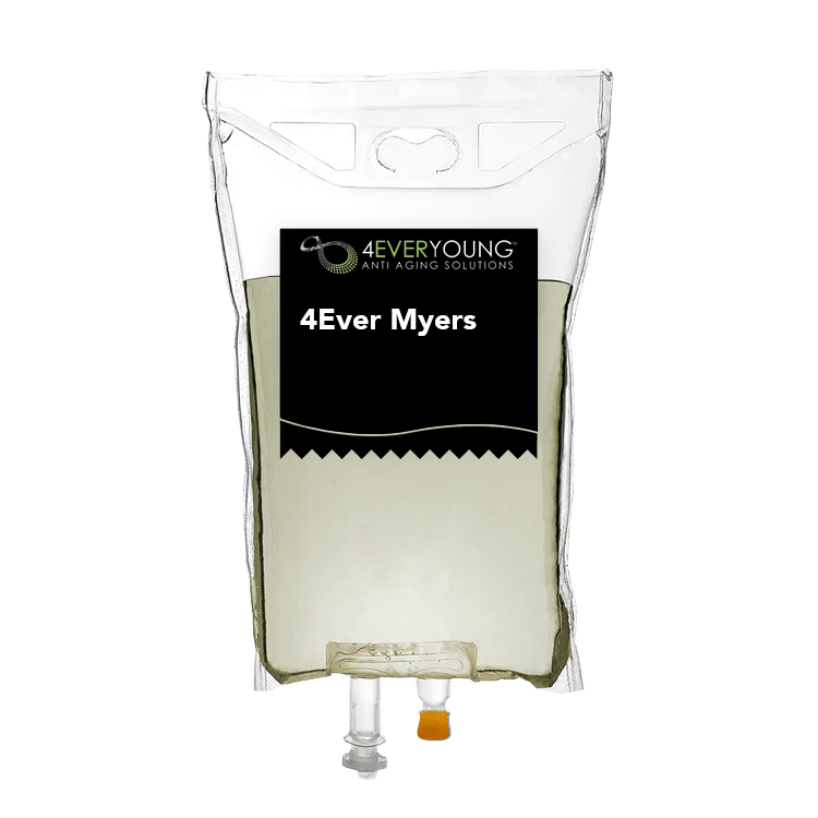 4Ever Young Anti Aging Solutions branded IV drip bag for the 4Ever Myers vitamin infusion therapy on a black background.