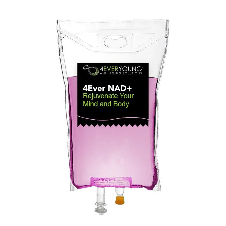 4Ever Young Anti Aging Solutions branded IV drip bag for the 4Ever NAD+ mind and body rejuvenation infusion therapy on a black background.