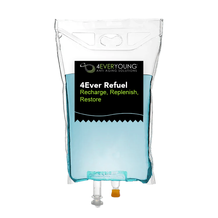 4Ever Young Anti Aging Solutions branded IV drip bag for the 4Ever Refuel recharge, replenish, and restore infusion therapy on a black background.