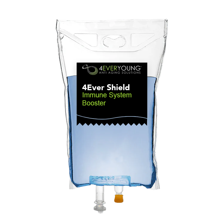 4Ever Young Anti Aging Solutions branded IV drip bag for the 4Ever Shield immune system booster infusion therapy on a black background.