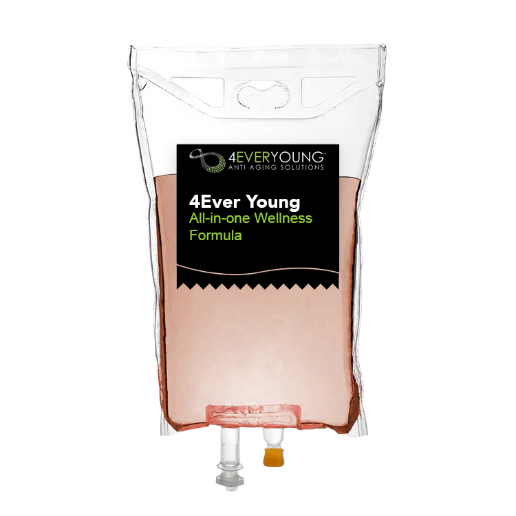 4Ever Young Anti Aging Solutions branded IV drip bag for the 4Ever Young all-in-one wellness formula infusion therapy on a black background.