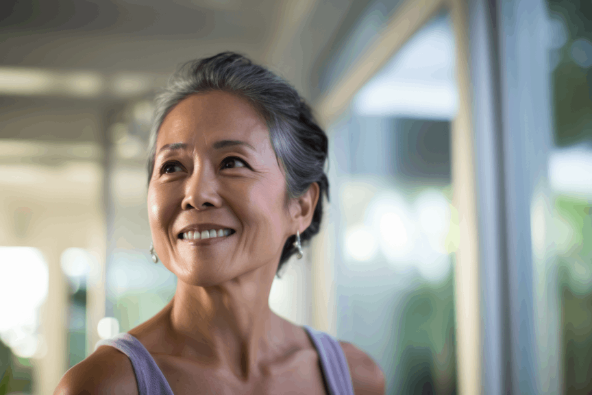 Smiling older woman with radiant skin, possibly benefiting from non-surgical beauty treatments.