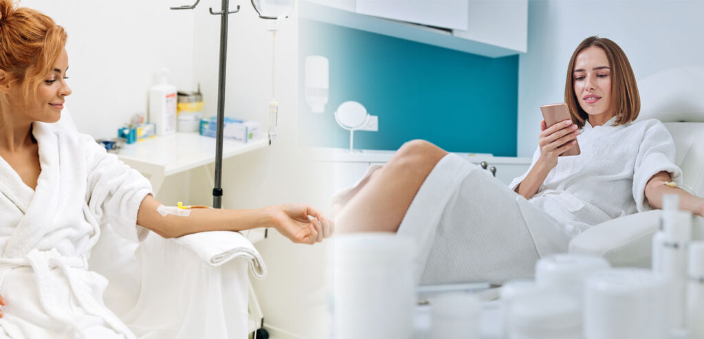 Vitamin infusion treatment shown with two women receiving IV drips in a modern wellness clinic.