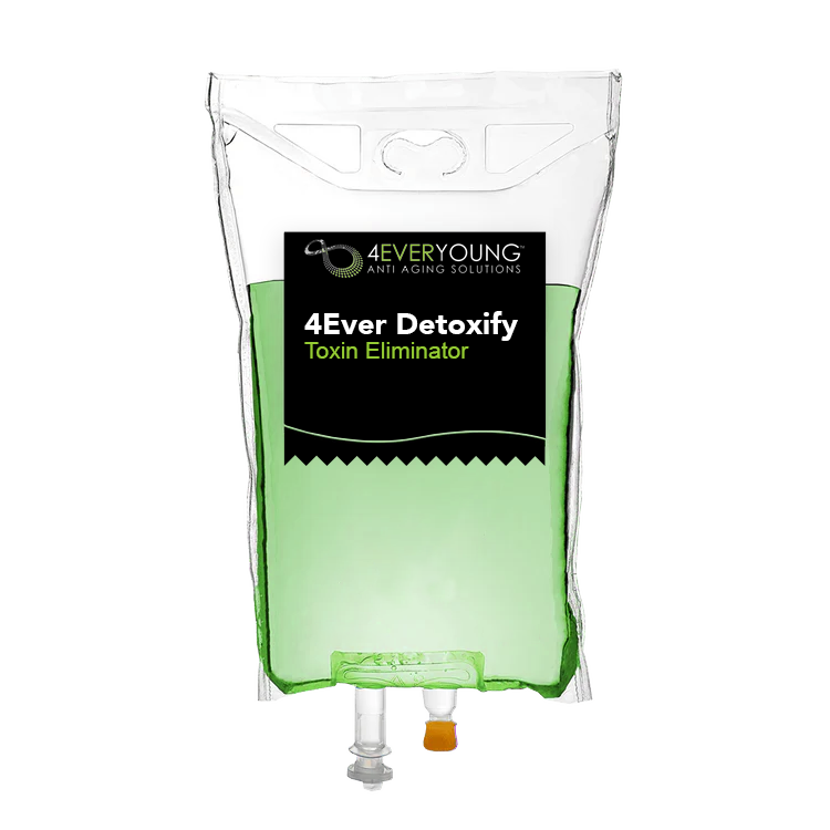 4Ever Young Anti Aging Solutions branded IV drip bag for the 4Ever Detoxify toxin eliminator infusion therapy on a black background.