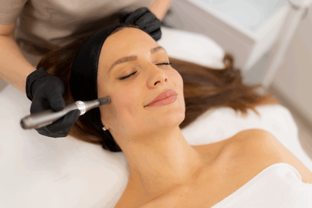 Smiling woman undergoing skin needling procedure to improve skin texture and tone.