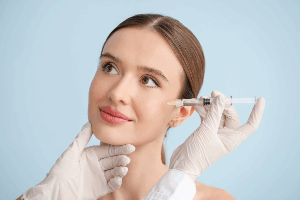 Professional administering a non-invasive skin treatment with a fine needle near a woman's eye.