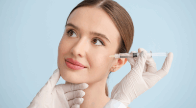 A gloved clinician administering a peptide treatment via facial injection to a young woman against a light blue background.