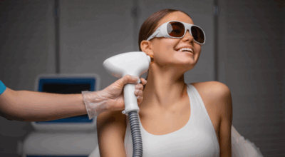 A smiling woman receiving laser hair removal on her neck, a popular evidence-based skin therapy performed by a gloved specialist.