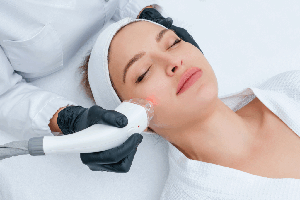 Morpheus8 specialist performing a non-invasive skin tightening procedure on a patient’s cheek.
