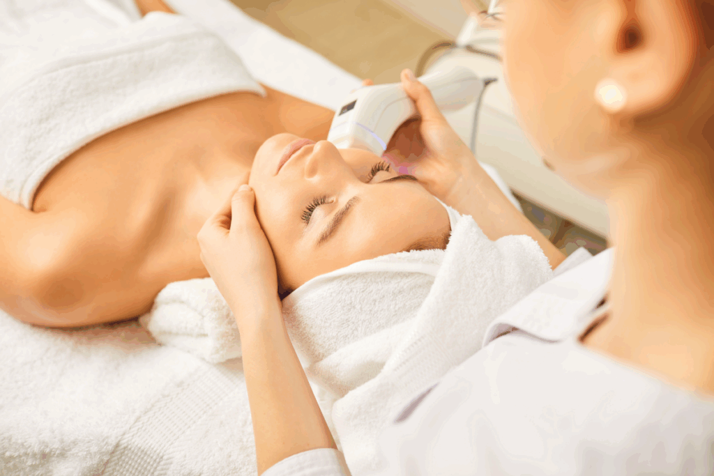 A woman relaxing as a specialist performs a clinical skin care treatment using a handheld facial device.