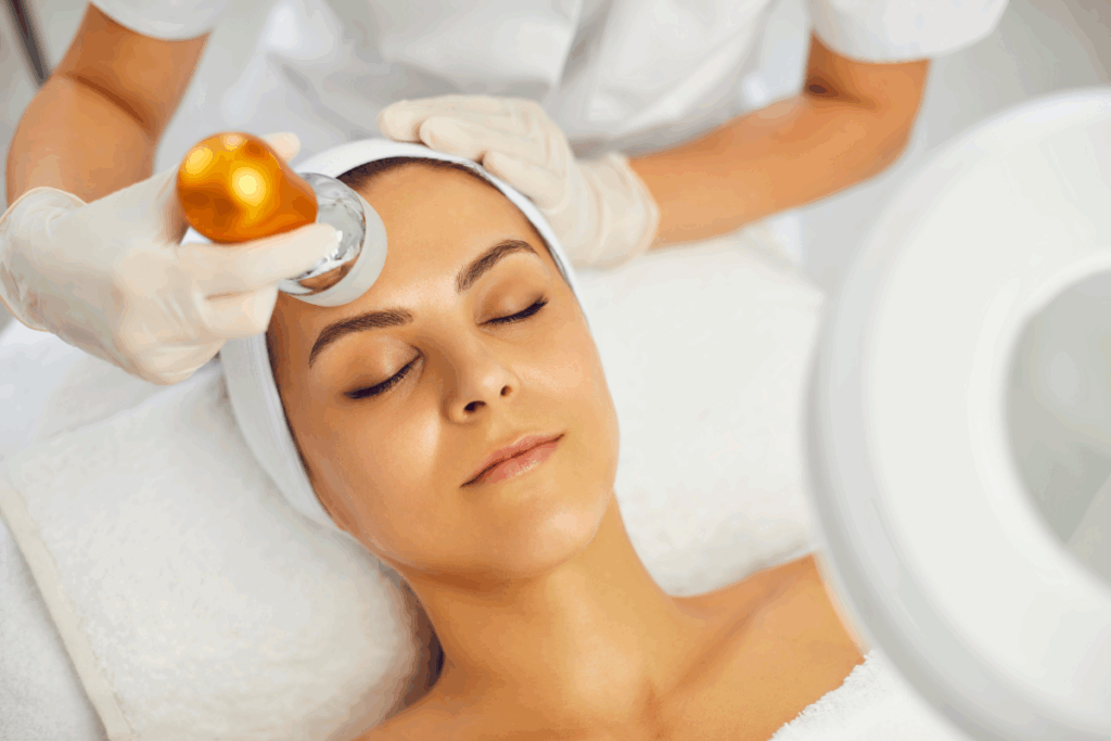 A woman with closed eyes receiving an advanced beauty treatment using a golden microcurrent device at a skin clinic.
