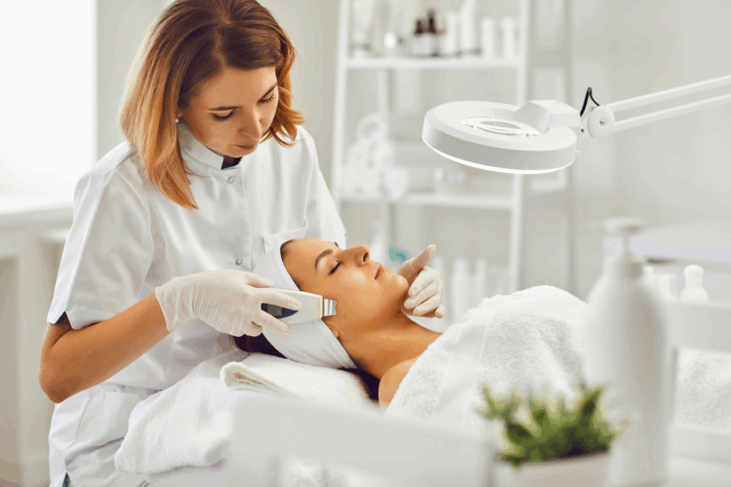 Aesthetician performing a spa procedure that may include microneedling for wrinkles.