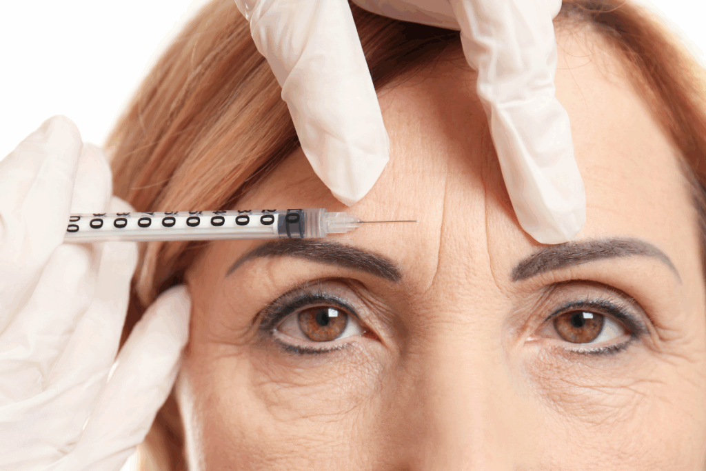 Jeuveau injections targeting frown lines on a mature woman's forehead during an aesthetic treatment.