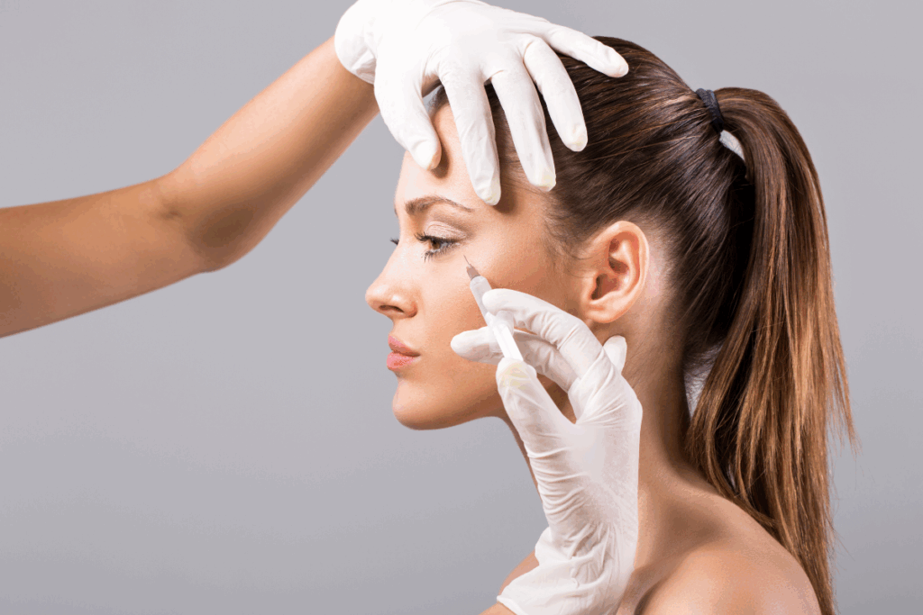 Wrinkle relaxing injection applied to woman’s under-eye area by gloved hands during cosmetic procedure.