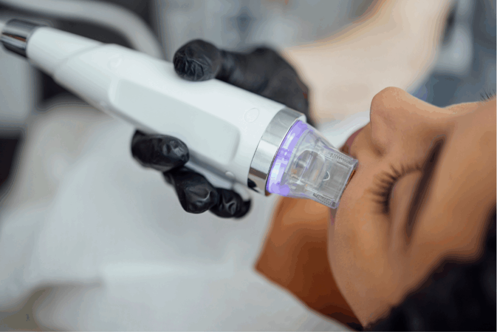 A woman undergoing a medical aesthetic procedure with a hydradermabrasion device at a skin clinic.