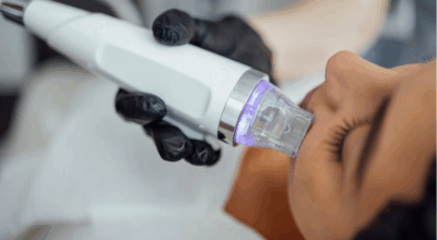 A woman undergoing a medical aesthetic procedure with a hydradermabrasion device at a skin clinic.