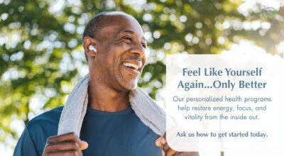 Smiling middle-aged man with earbuds and a towel after a workout, alongside text promoting personalized anti-aging health programs that restore energy, focus, and vitality.