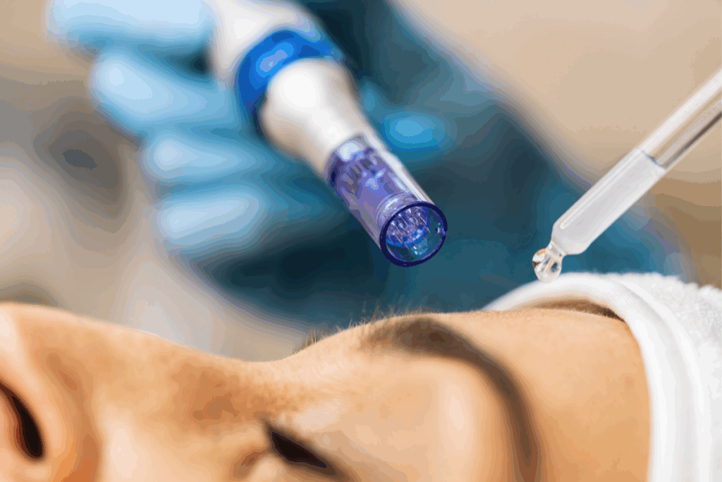 Close-up of collagen boosting treatments with serum application and microneedling device.