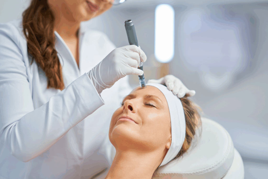 Jeuveau injections gently applied to woman’s forehead in aesthetic clinic by licensed professional.