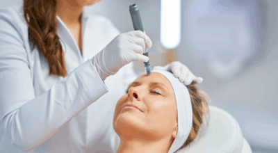 A clinician in white applying a microneedling pen to a patient's forehead, performing a collagen-stimulating therapy treatment in a clinical setting.