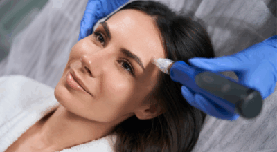 A relaxed woman in a white robe receiving a microneedling treatment on her forehead as part of a peptide supplementation skincare protocol.