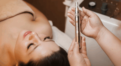 A specialist preparing a microneedling pen for a youthful skin treatment on a relaxed female client.